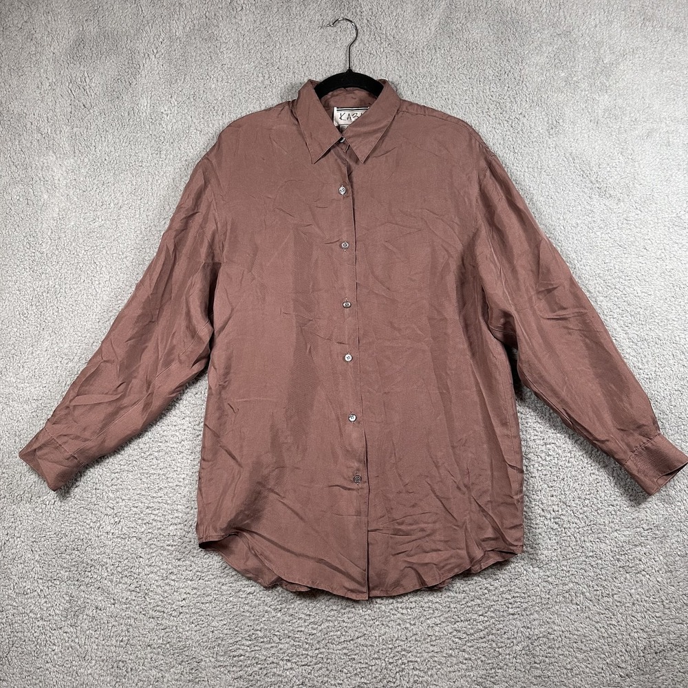 Kazu Shirt Mens Medium Brown‎ 100% Silk Button Up Long Sleeve Classic Casual